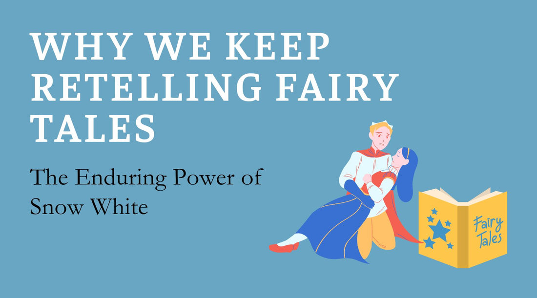 Blog title with illustrated image of a prince holding a young woman and a book of fairy tales beside them.