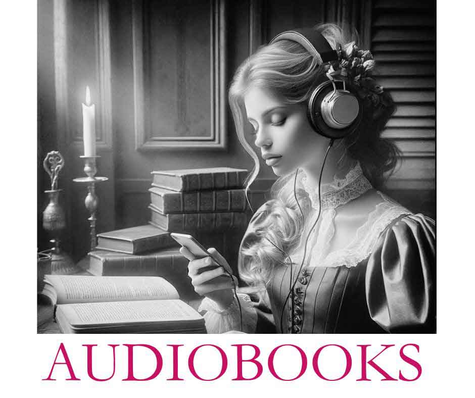 Young woman in fairy tale costume listening with headphones. Text says: Audiobooks.