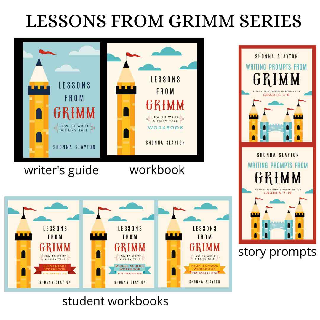 A chart showing all the book covers in the series: the blue book writer's guide, a workbook, two story prompt books and three student workbooks