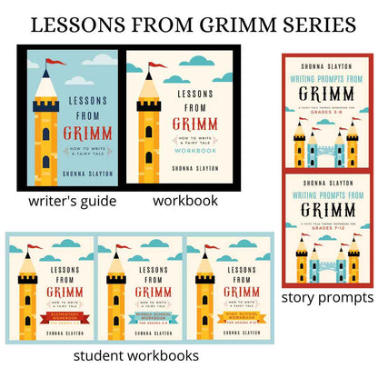 A chart showing all the book covers in the series: the blue book writer's guide, a workbook, two story prompt books and three student workbooks